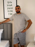 Men summer pajama set Light Grey T-shirt + Black X White Checkered Short